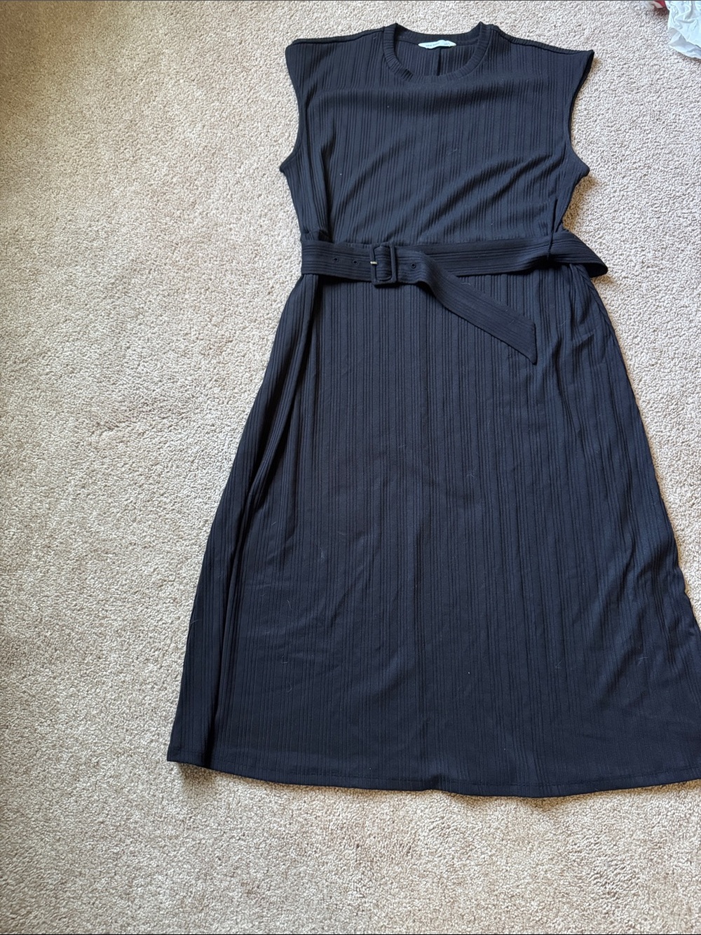 Nine West Black Sleeveless Ribbed Midi Dress with Belt